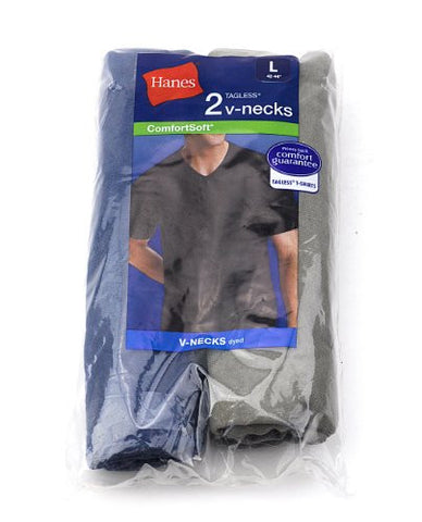 Hanes Men's 100% Cotton 2 Pack Comfortable Tagless V-Necks-Blue/Khaki-M