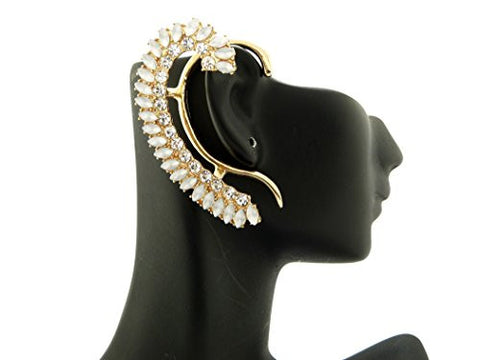 Elegant Marquise Cut Off-White Jade Stone Pave Ear Cuff in Gold-Tone