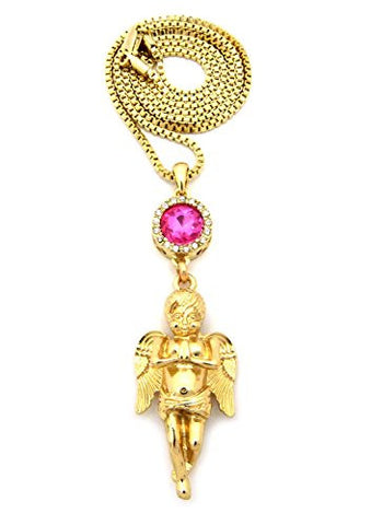Round Pink Stone & Solid Praying Angel Pendant 2mm 24" Box Chain Necklace in Gold-Tone