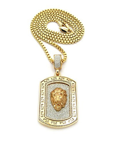 Lion Head Two-Tone Dog Tag Pendant 2.5mm 24" Box Chain Necklace