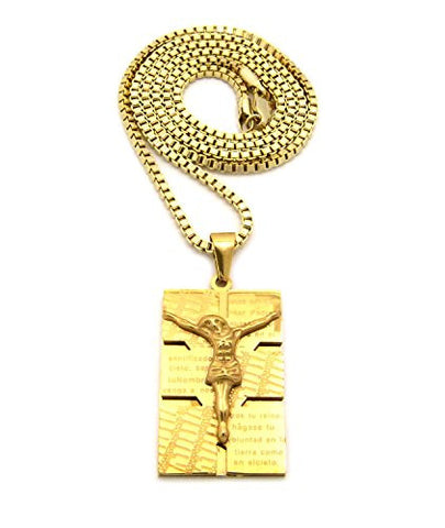Plain Stainless Steel Crucifix Jesus Pendant 2.5mm 24" Box Chain Necklace in Gold-Tone
