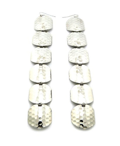Hexagon Hammered Long Drop Earrings in Silver-Tone