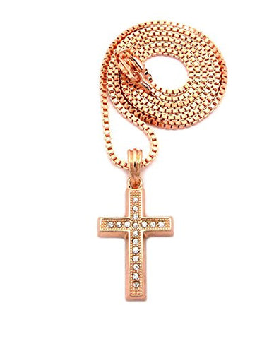 Stone Stud Mini Block Cross Micro Pendant 2mm 24" Box Chain Necklace in Rose Gold-Tone
