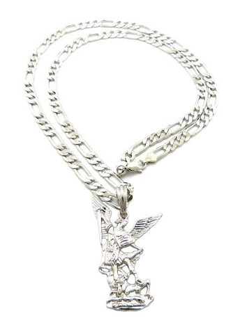 Michael Archangel Silver Tone Pendant 5mm 24" Figaro Chain Necklace XSP399R