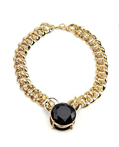 Very Big 40mm Diamond-Shape Rhinestone Pendant 20mm 18" Chain Necklace - Jet/Gold-Tone