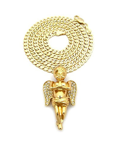 Pave Praying Angel Pendant 4mm 24" Concave Diamond Cut Cuban Chain Necklace in Gold-Tone