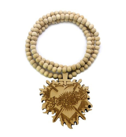 Cross Sword Flame Heart Wood Pendant 36" Wooden Bead Chain Necklace in Natural-Tone WJ188NL