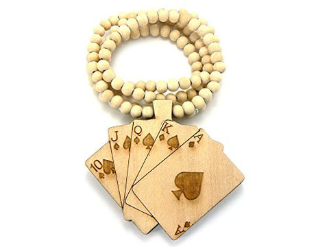 Playcards Wood Pendant 8mm 36" Wooden Bead Chain Necklace in Natural-Tone