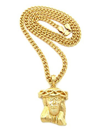 Polished Micro Jesus Head Pendant w/ 5mm 24" Cuban Chain Necklace in Gold-Tone