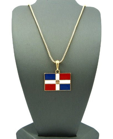 Dominican Republic Flag Pendant with 2mm 24" Box Chain Necklace - Gold-Tone