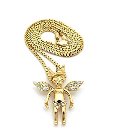 Pave Crown Angel Micro Pendant 2mm 24" Box Chain Necklace in Gold-Tone