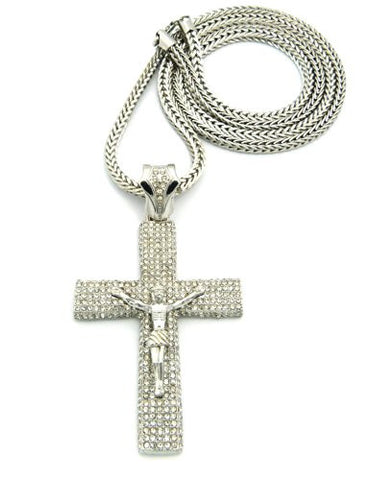 Paved Crucifix Jesus Cross Pendant w/ 4mm 36" Franco Chain - Silver Tone XP495R