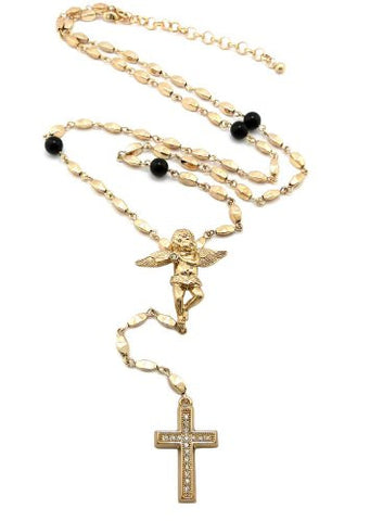 Solitaire Angel & Stone Stud Mini Block Cross Micro Pendant 30" Rosary Chain Necklace in Gold-Tone