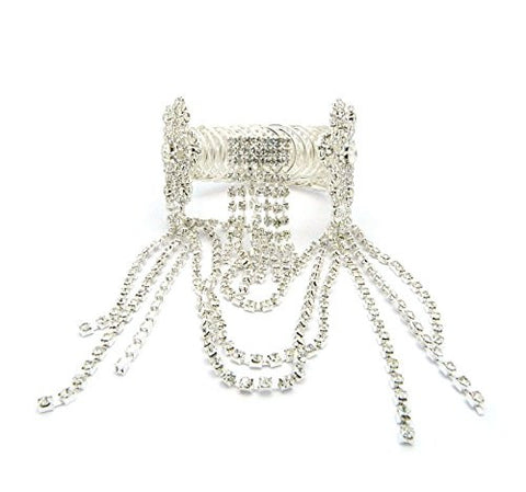 Floral Pattern Rhinestone Pave Arm Band, Ankle Cuff, Bracelet Fashion Jewelry in Silver-Tone