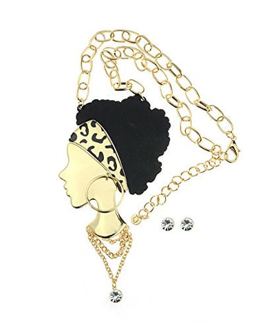 Gold-Tone Stylish Afro Woman Pendant Necklace with Stud Earrings Set