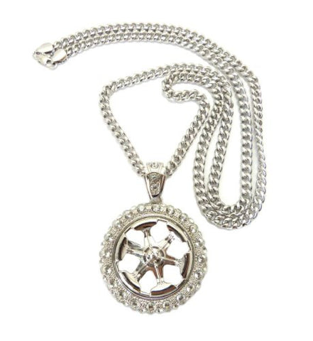 Rhinestone Tire Rim Pendant in Silver Tone w/ 36" Miami Cuban Chain CP60R