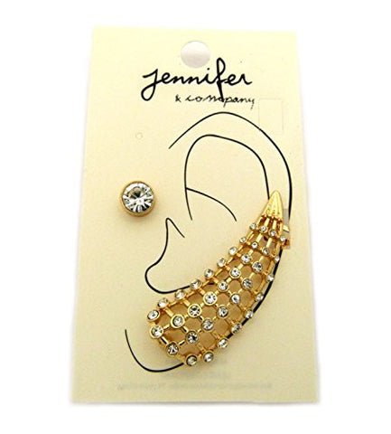 Rhinestone Stud with Basket Cone Ear Cuff in Gold-Tone