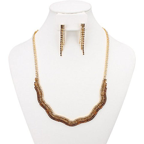 Curvy Multi-Row Rhinestone Pave Necklace and Earrings Jewelry Set