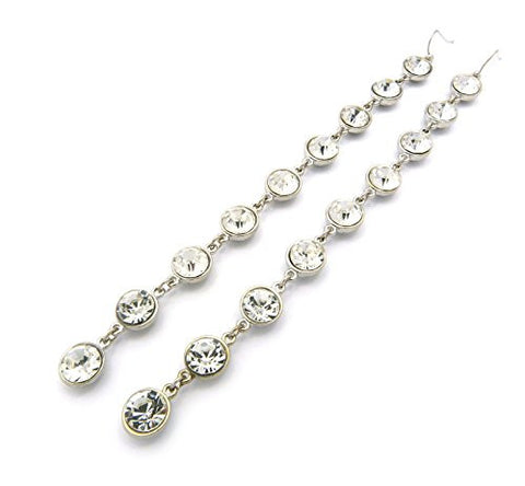Very Long Clear Round Cut Rhinestone Stud Link Drop Earrings in Silver-Tone