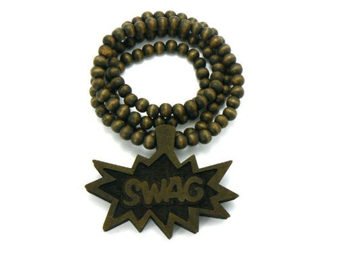 Swag Bomb Wood Pendant 36" Wooden Bead Chain Hip Hop Necklace in Brown-Tone WJ127BRN