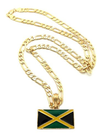 Jamaica Flag Pendant with 5mm 24" Figaro Chain Necklace - Gold-Tone