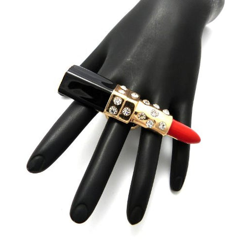 Rhinestone Stud Lipstick Charm Ring in Red/Gold-Tone