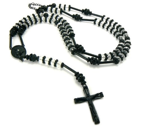 Praying Hands Crucifix Cross Pendant 39" Clear Glass Bead Rosary Necklace - Black/Clear HR200BKCL