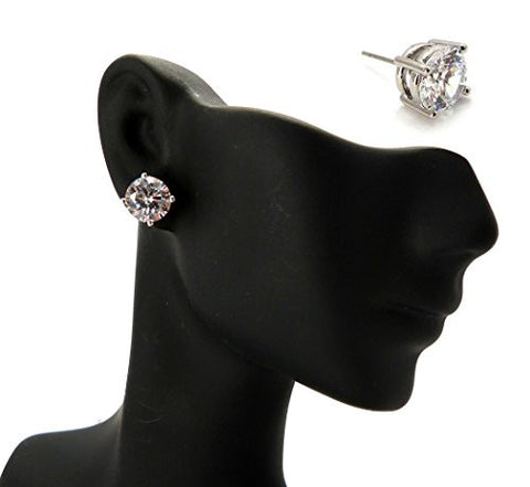 9mm Round Cut Clear Cubic Zirconia 4-Prong Stud Earrings in Silver-Tone RRD-09