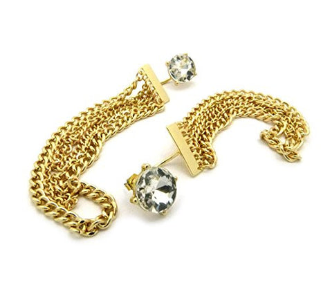 Clear Stone Stud Draping Chain Drop Earrings in Gold-Tone