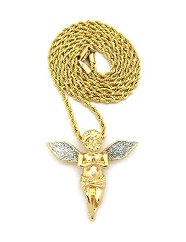Silver-Tone Dusted Extended Wing Praying Angel Pendant w/ 2mm 24" Rope Chain in Gold-Tone
