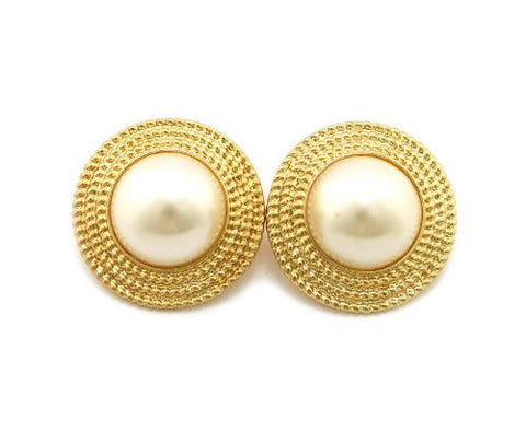 Simulated Pearl Stud Round Rope Pattern Earrings in Gold-Tone