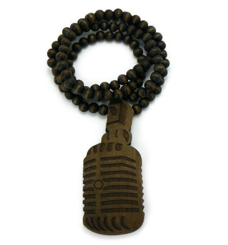 Vintage Microphone Wood Pendant 36" Wooden Bead Chain Necklace in Brown-Tone WJ120BRN