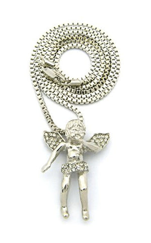 Micro Cherub Angel Rhinestone Pendant w/ 24" Box Chain - Silver Tone MMP53RBX