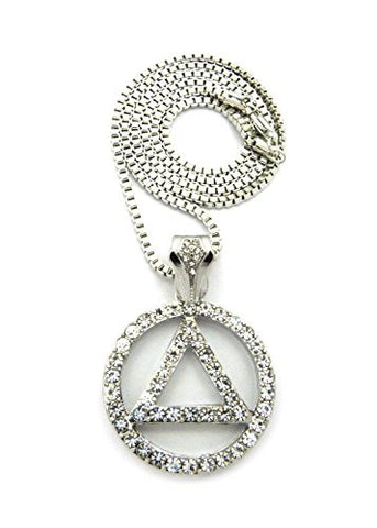Stone Studded Alcoholics Anonymous Sobriety Pendant w/ 2.5mm 24" Box Chain Necklace in Silver-Tone