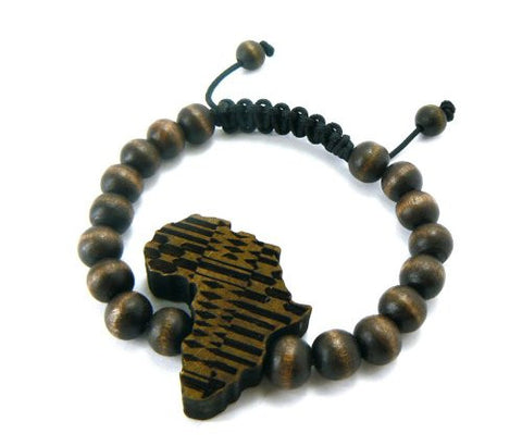 Tribal Pattern Africa Wood Pendant Wooden Bead Bracelet in Brown-Tone WB2BRN