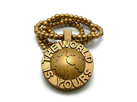 The World is Yours Globe 3D Wood Medal Pendant 8mm 36" Wooden Bead Chain Necklace in Gold-Tone