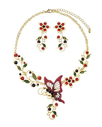 Floral Vine Design Red Butterfly Pendant Casting Necklace & Earrings Jewelry Set in Gold-Tone