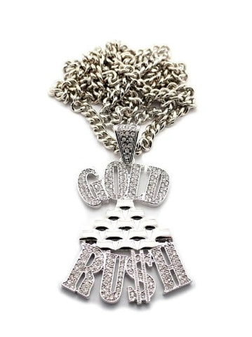 Iced Out Gold Rush Pendant in Silver Tone w/ 36" Miami Cuban Chain CP86R
