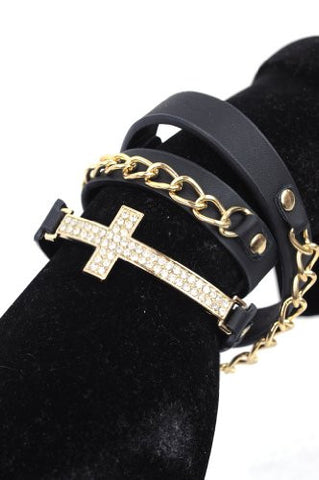 New Black/Gold Tone Rhinestone Cross Charm Chain/Leather Bracelet SJB1287BK