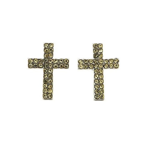 Double Row Yellow Stone Cross Stud Earrings in Silver-Tone