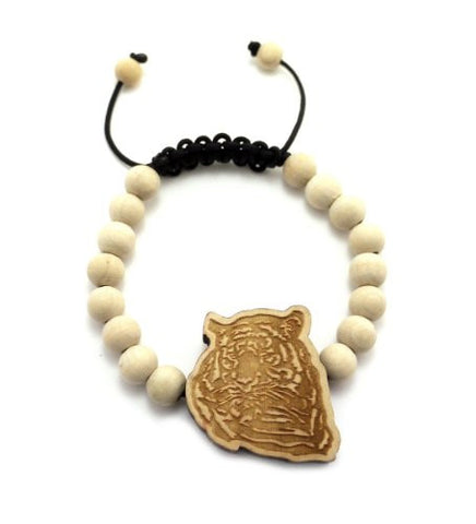 Tiger Engraved Wood Pendant Wooden Bead Chain Bracelet in Natural-Tone WB35NL