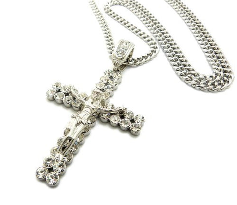 Crucifix Jesus 2 Row Rhinestone Cross Pendant 6mm 36" Miami Cuban Chain Necklace in Silver-Tone