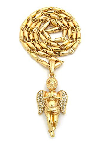 Rhinestone Wing Praying Cherub Micro Pendant with 4mm 24" Bullet Chain Necklace - Gold-Tone