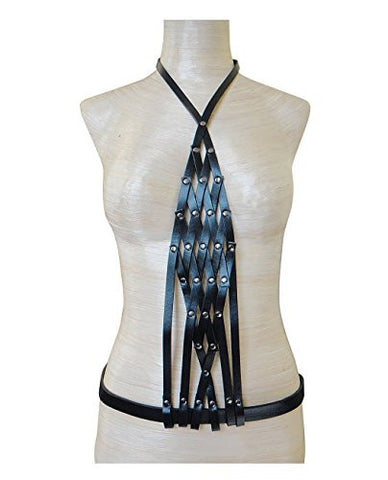 Front Torso Caged Look Open Back Waist Belt w/ Collar Faux Leather Body Chain Body Accessory