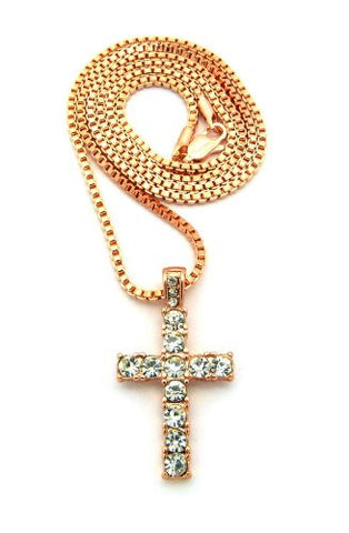 Mini Pave Cross Pendant 24" Box Chain Necklace in Rose Gold-Tone MMP14RGBX