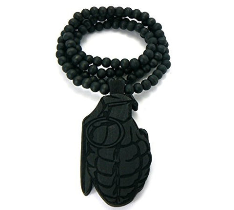 Grenade Bomb Wood Pendant 36" Wooden Bead Chain Necklace in Black-Tone WJ138BK