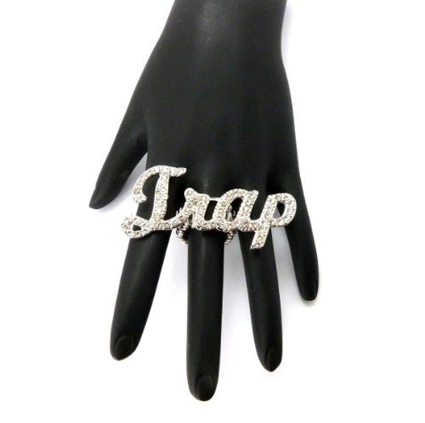 Clear Rhinestone Trap Charm Stretch Ring in Silver-Tone