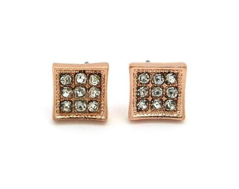 Rhinestone Pave 3 by 3 Square Stud Earrings in Rose Gold-Tone