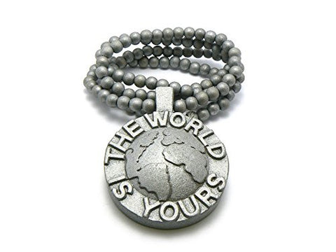 The World is Yours Globe 3D Wood Medal Pendant 8mm 36" Wooden Bead Chain Necklace in Silver-Tone