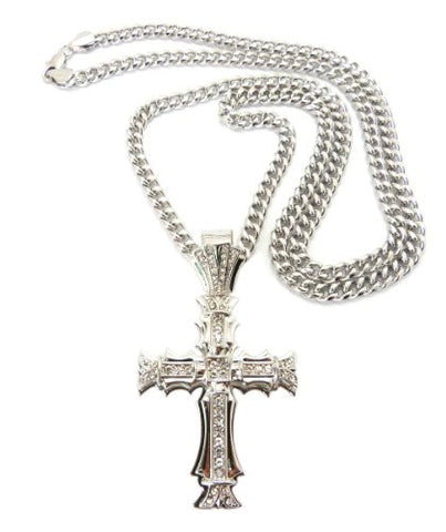 Edged Cross Rhinestone Pendant in Silver Tone w/ 36" Cuban Chain CP19R